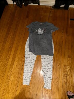 La Vie En Rose Gray Cat Print Pajama Set with White Patterned Pants